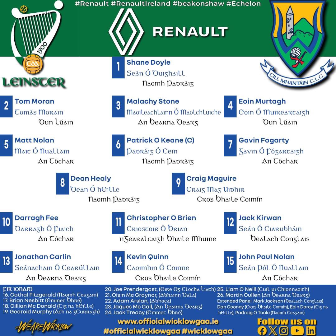 Senior Football team named for Sunday Oisín McConville names his team to face Kildare this Sunday throw-in in Laois Hire O’Moore Park is 1:45pm 14/04/24 @renaultireland @beakonshaw @CentresData #wearewicklow #Renault #renault_ireland #beakonshaw