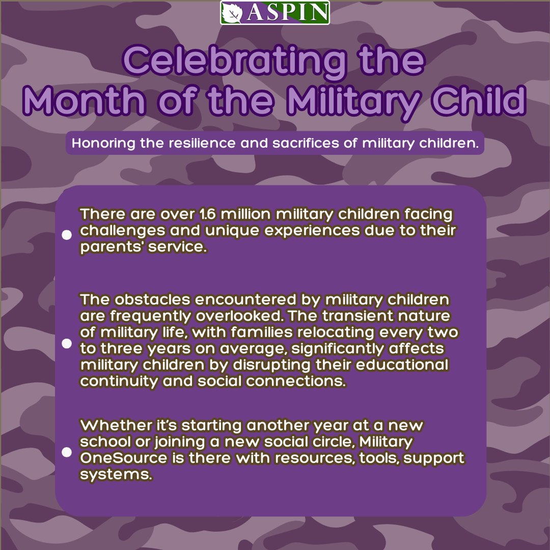 🌟Honoring Our Military Children! Celebrating the resilience of our military kids—they stand tall through moves, goodbyes, & sacrifices, supporting their parents.💜CHWs can assist by providing resources & offering support. #CHW #MonthOfTheMilitaryChild #Veterans #Military #ASPIN