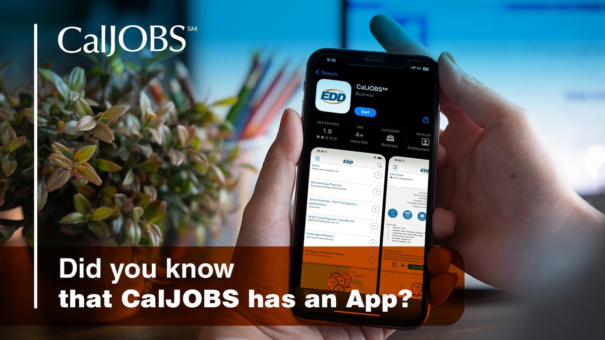 Did you know that CalJOBS has an app?

Don’t have the app yet? It’s easy to download from the app store or Google store!

#CalJOBS #JobSeekers #CaJobs #WorkingInCa