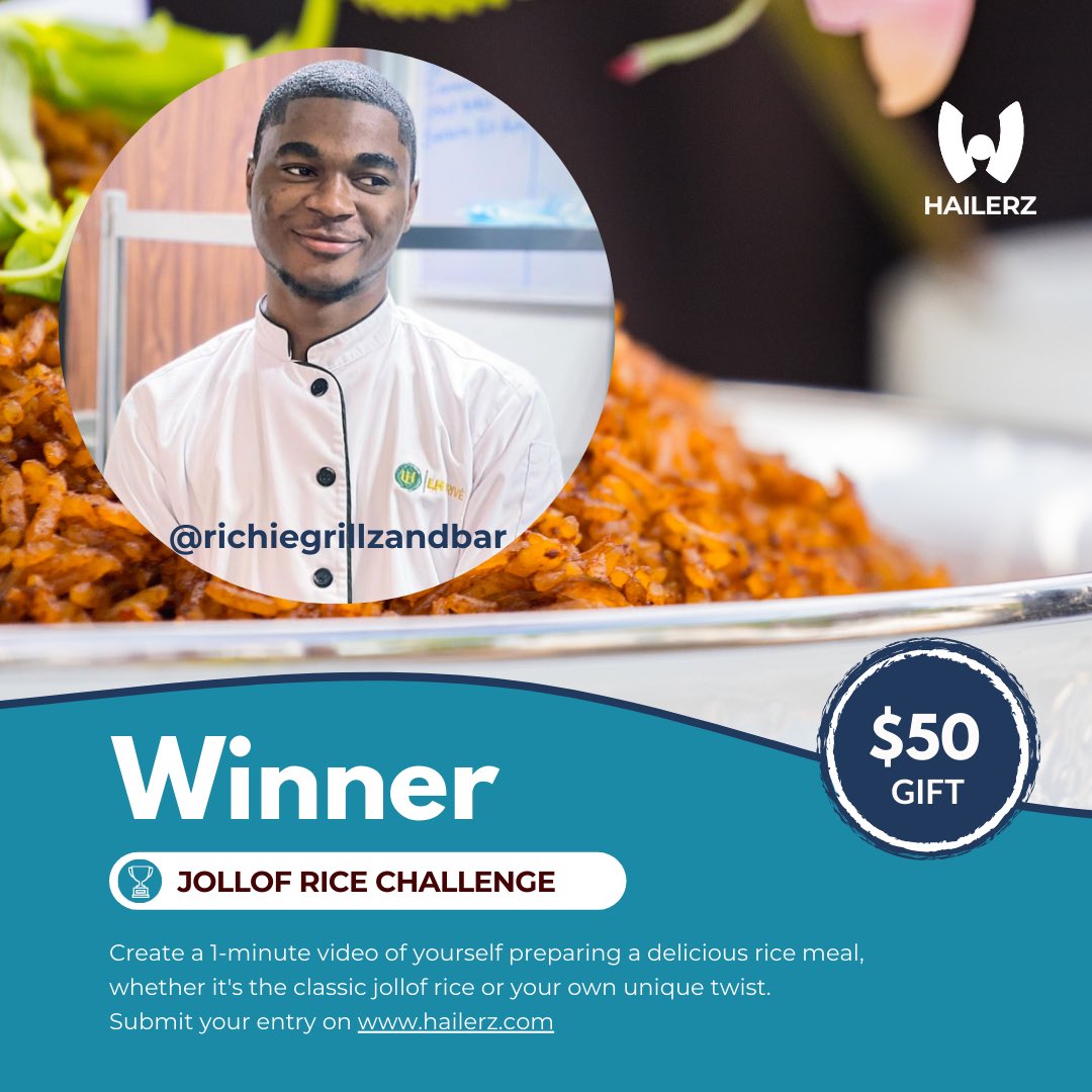 𝗮𝗻𝗱 𝘁𝗵𝗲 𝘄𝗶𝗻𝗻𝗲𝗿 𝗶𝘀… 𝗖𝗵𝗲𝗳 𝗢𝗹𝗮 @richiegrillzandbar Ola hails us from Abuja, Nigeria. He is a dedicated Chef, Mixologist and Event Planner. He wowed the judges with his attention to detail and overall presentation.

#hailerzchallenges #jollofrice #challenge