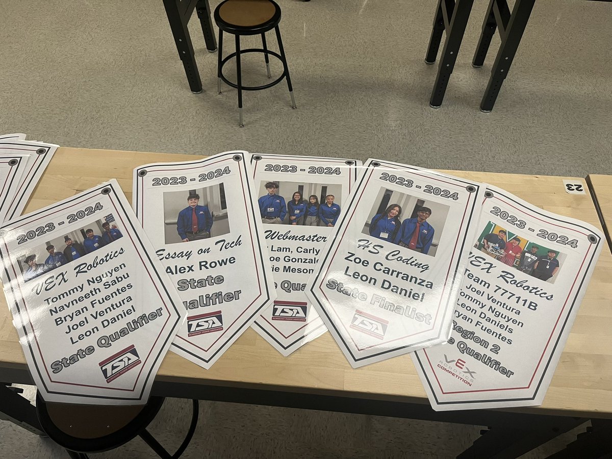 Phillipmhunt's tweet photo. Prepping our @NimitzVikings CompSci/Engineering/Robotics State Qualifier banners for 2023-24 to be hung on the wall in the Engineering/CS Lab with all the former qualifiers from years past. @WeirdScience67 @iisdCTE @IrvingISD #memorialized https://t.co/mNQf2w0tID