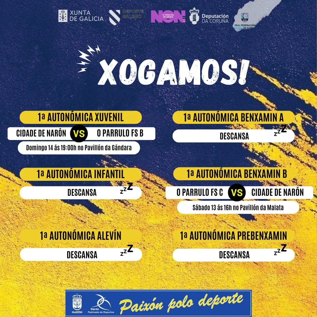 📣 NOVA XORNADA DE LIGA
⚽ O noso equipo da Terceira División Nacional xoga esta fin de semana en Lugo
🆚 <a href="/RibeiraFS/">Club Ribeira Fútbol Sala</a> 
📆 Domingo 14 ás 19h
📍Pavillón Municipal de Lugo

⚽ E na base, os equipos Xuvenil e Benxamín B, tamén terán xornada de Liga!