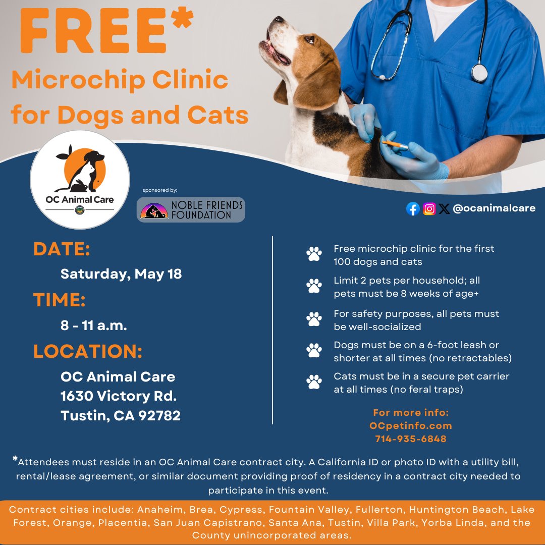 Save the date! OC Animal Care, sponsored by Noble Friends Foundation, will be hosting a Free* Microchip Clinic for Dogs and Cats on Saturday, May 18, 2024, from 8-11 a.m.