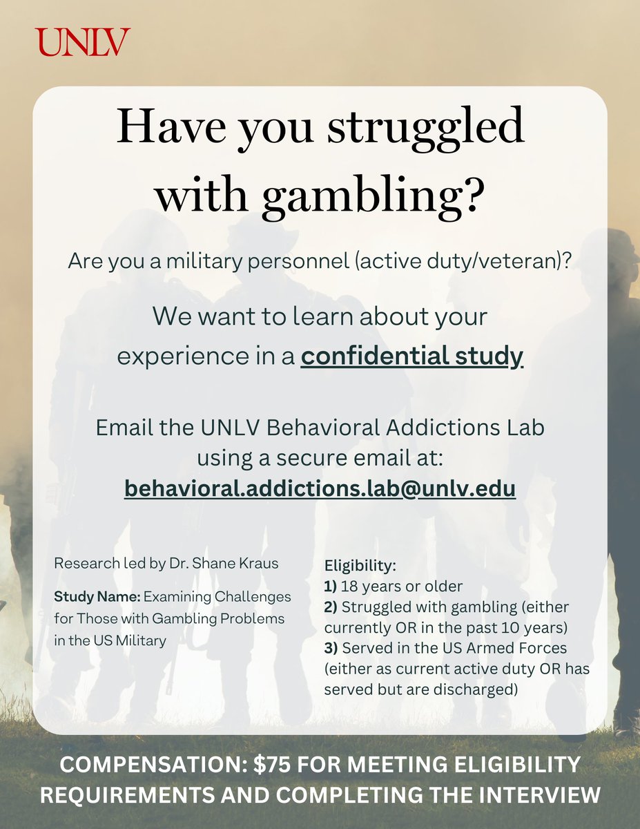 🎖️Attention Veterans! <a href="/kraus_phd/">Shane W Kraus</a> is on the lookout for those with lived experience of #gamblingaddiction to interview.

Your story has the power to inspire change and contribute to a deeper understanding of #gambling addiction within the military community.

#GamblingResearch