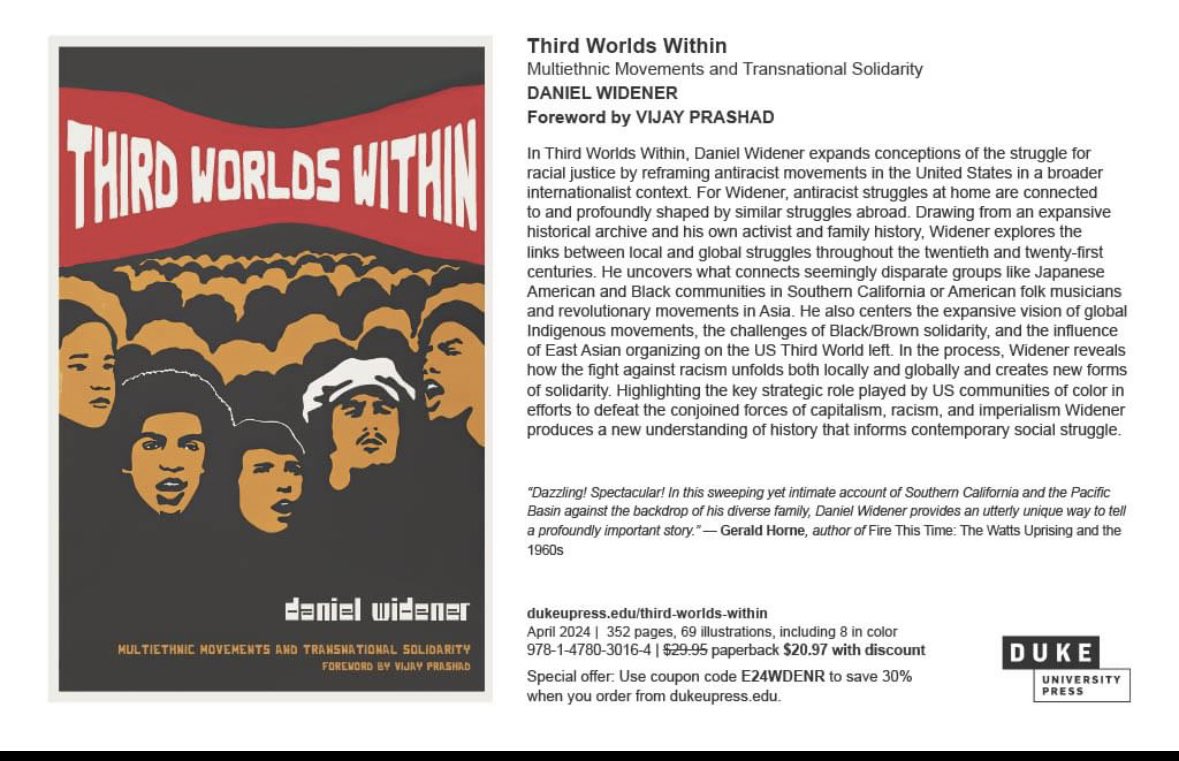 Danny’s new book recreates a foundation to think unapologetically about multiethnic and anti-imperialist solidarities. It re-grounds us historically through excavation of “actually existing solidarities” from our collective past. dukeupress.edu/third-worlds-w…