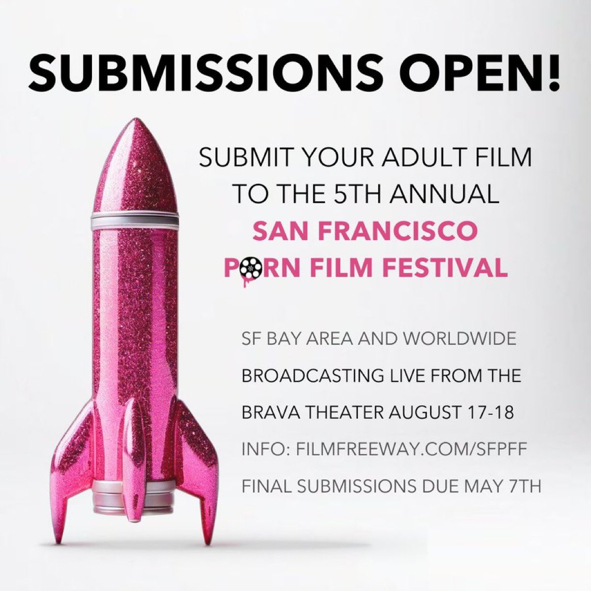 Submissions are open for the 5th annual San Francisco PornFilmFestival. Submit your adult film by the final deadline, May 7th. #SFPFF Followers use code SFPFF24 to waive the entry fee. 📽️ Submit: filmfreeway.com/sfpff