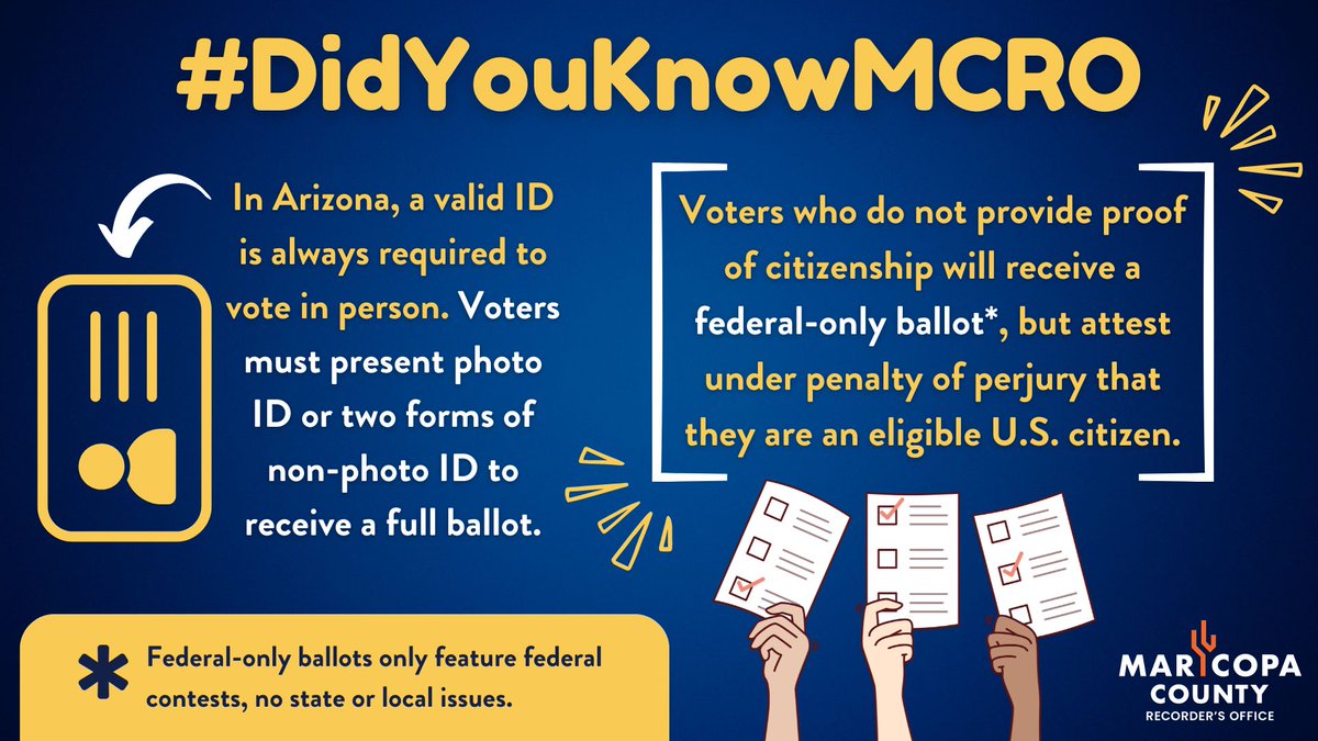 #DidYouKnowMCRO will always require valid ID to vote in-person? Arizona requires voters to present photo identification or two forms of non-photo identification while voting in order to receive a full ballot. Voters who do not provide proof of citizenship in Arizona will…