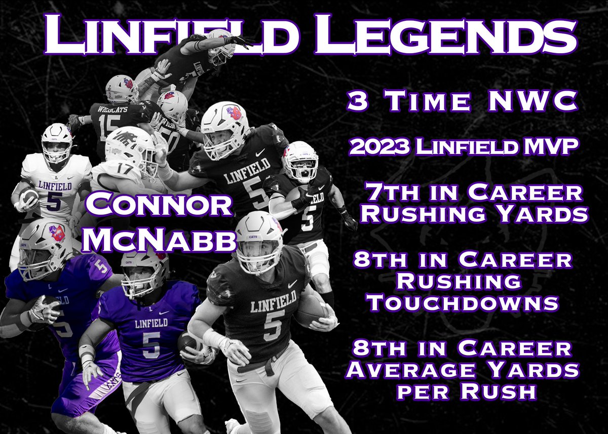 The 4th player honored in our recent 'LINFIELD LEGENDS' series is all-purpose running back Connor McNabb. Connor accumulated 2,254 career rushing yards, 24 rushing TD's, & averaged 5.69 yards per carry while grabbing 99 receptions for an additional 1,105 yards & 8 TD's. #RollCats