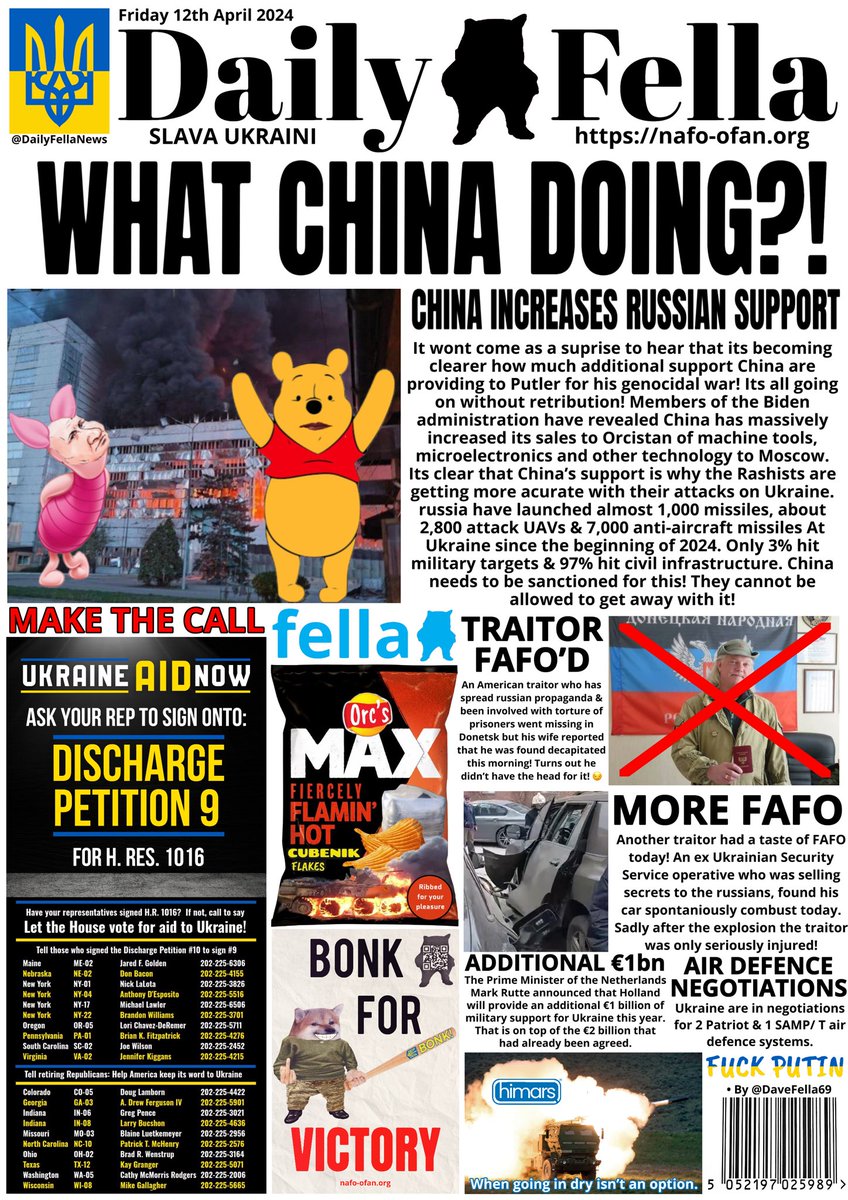 It’s Daily Fella time. Read about China increasing support for russia & the tail of two FAFO’s!

#MakeTheCall 

#DailyFella #DailyFellaNews #SlavaUkraini #NAFO