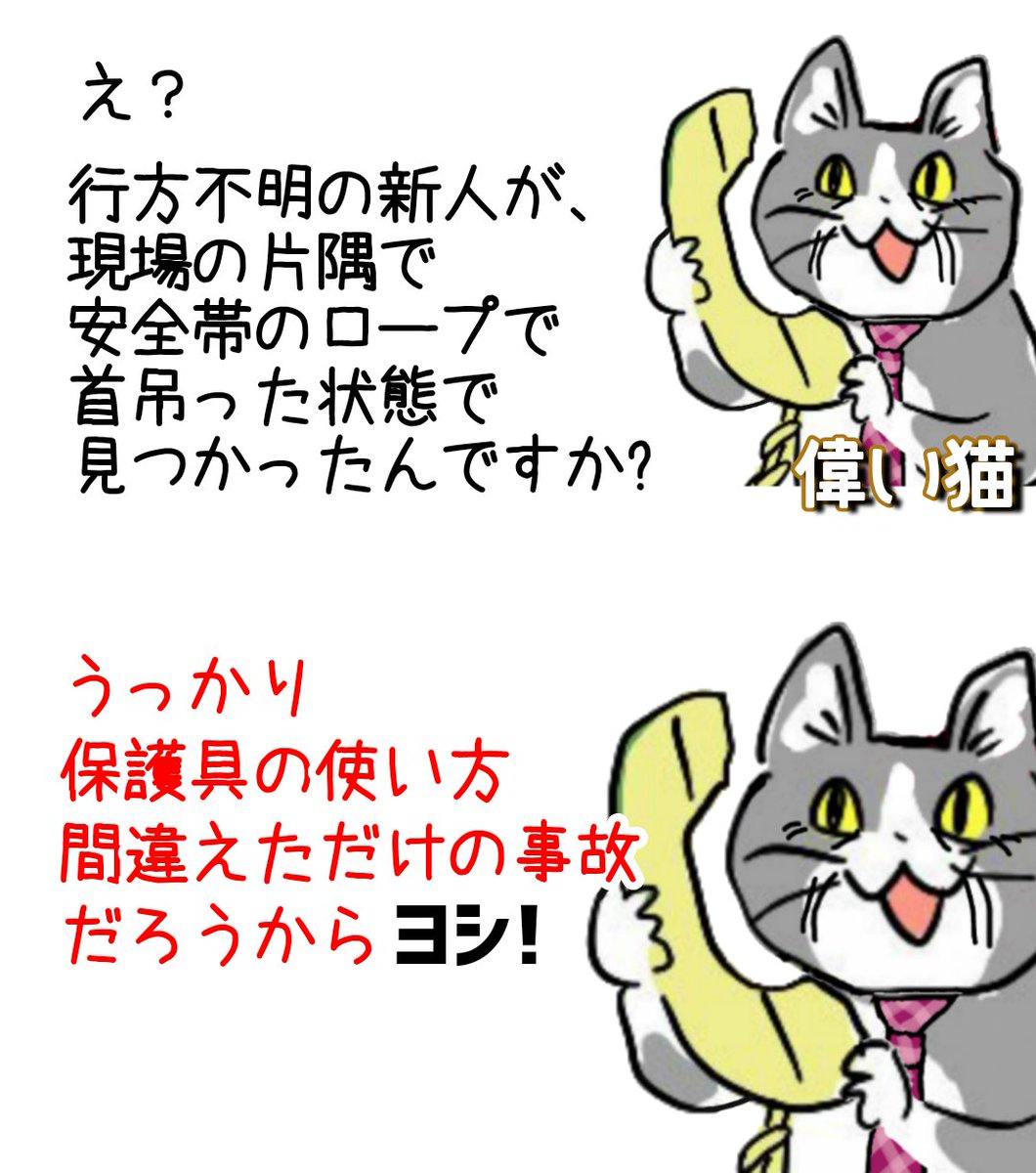 偉い猫「新人だから、現場で迷子になって保護具の使い方間違っちゃったんだね!把握ヨシ!」 #現場猫 