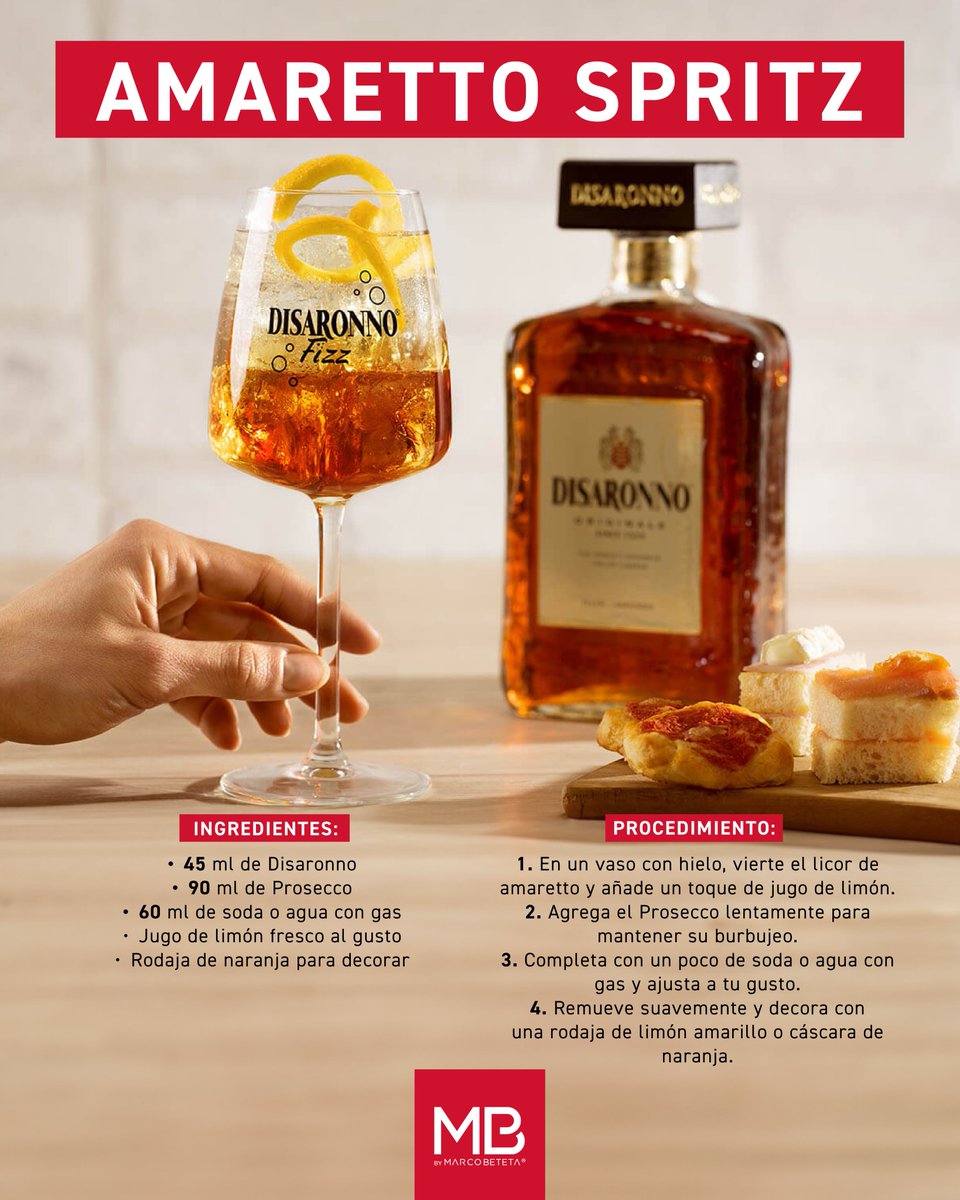 Almendrado, dulce y a la vez refrescante: Amaretto Spritz. 🍹 Ideal para esta temporada. Si prefieres algo más cremoso y dulce, prueba este Carajillo Disaronno Velvet: mbmarcobeteta.com/recetas/caraji… #MarcoBeteta #ComunidadMB