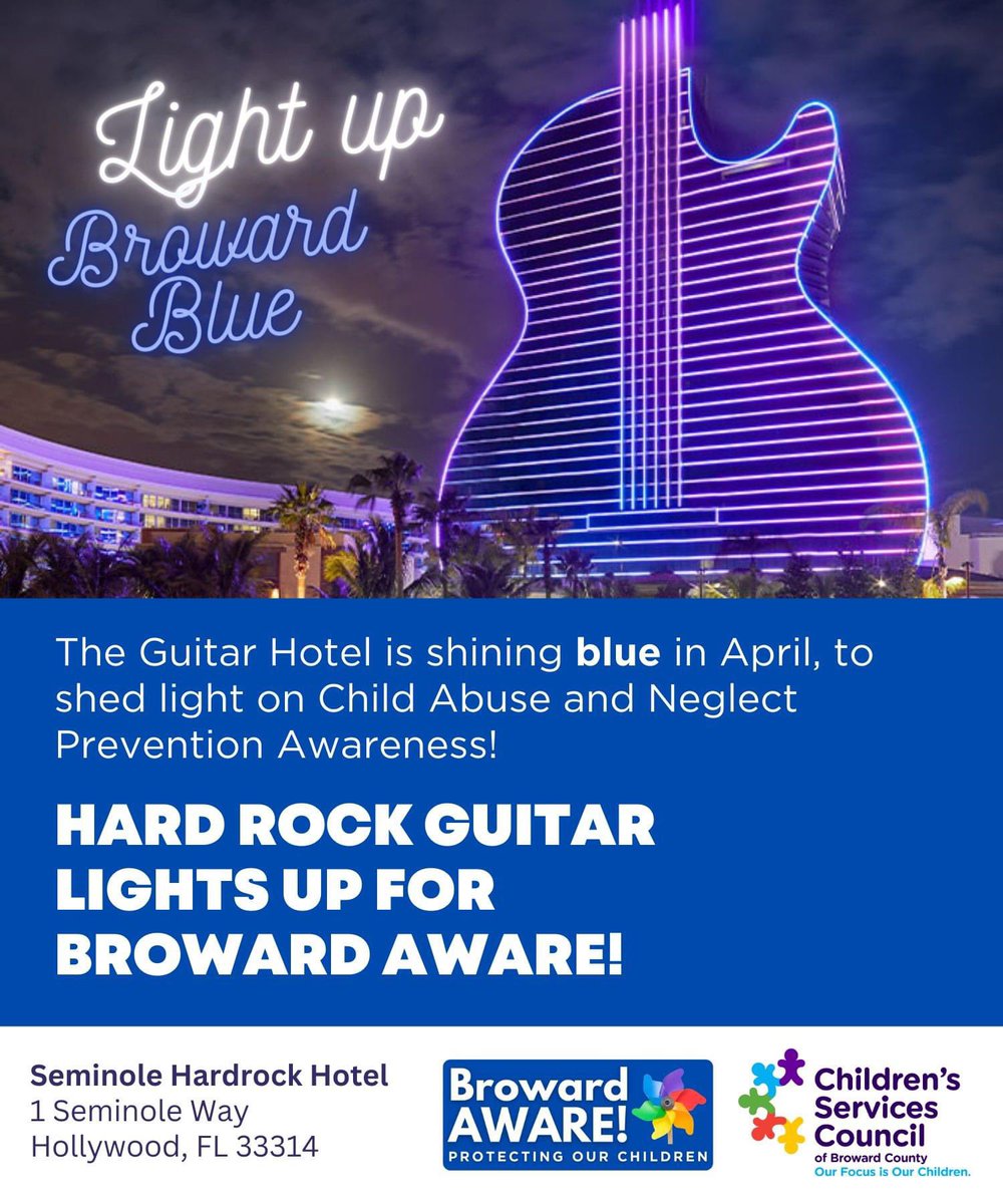 The Guitar Hotel at Seminole Hard Rock will be lighting up blue in recognition of Child Abuse Prevention Month! If you're in the area, stop by, snap a picture, and share it with us! Let's spread awareness and show our support. Tag us in your photos! #ProtectChildhood