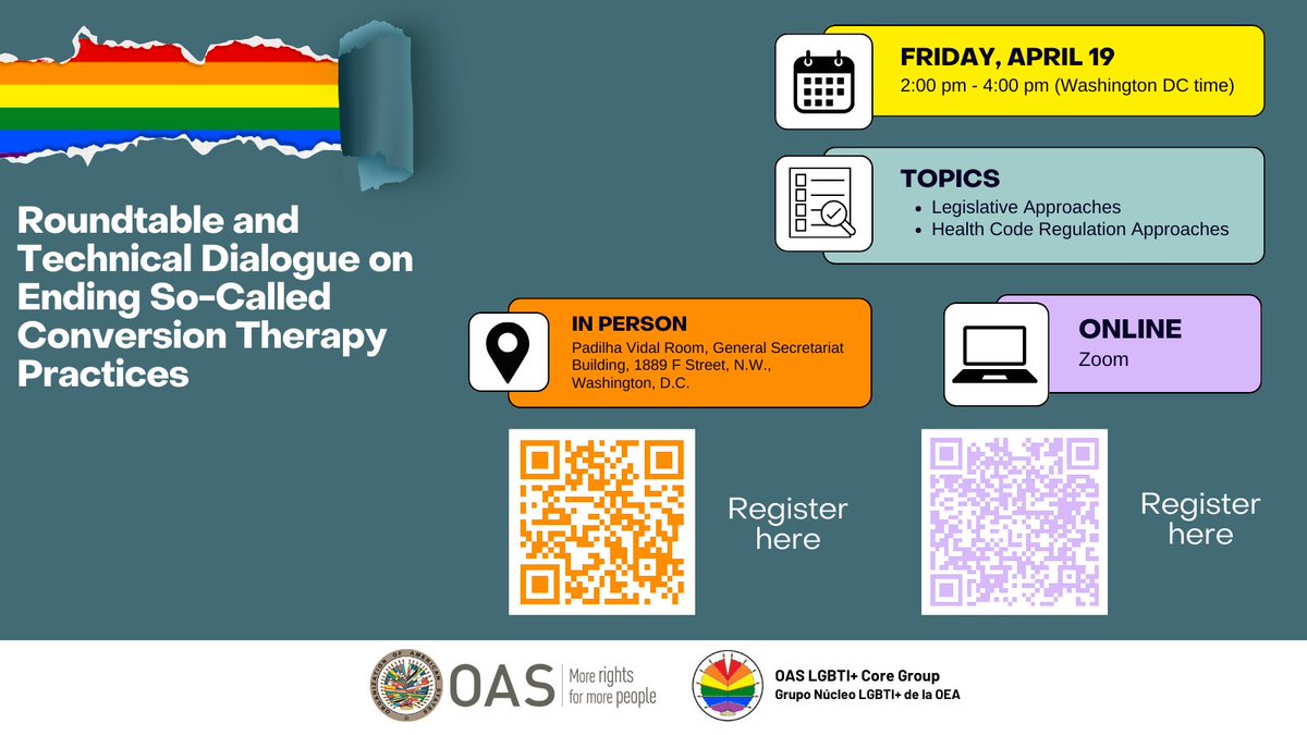REGISTER NOW to participate in this roundtable next Friday April 19th👇🏿 🔹To participate in person: bit.ly/3w04AqZ 🔹To participate online: bit.ly/3PYXrOy An initiative of the #OAS LGBTI+ Core Group🏳️‍🌈, led by @USAmbOAS