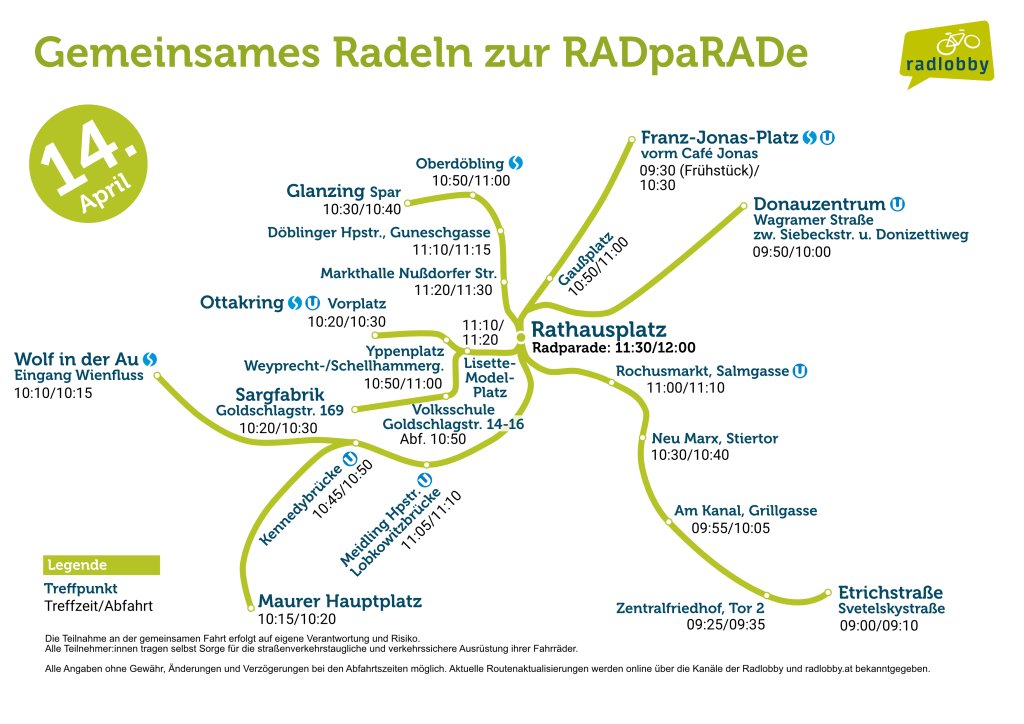 Fahr morgen mit uns gemeinsm zur Radparade aus Döbling: 10:30 Glanzing (vor dem Spar), 10:50 S45 Oberdöbling, 11:10 Guneschg. / Döblinger Hauptstr., 11:20 Markthalle Nussdorfer Straße; Wir freuen uns auf heuer über 20 Grad, tausende Radfahrende und dich! radeln.wien/sternfahrt-zur…