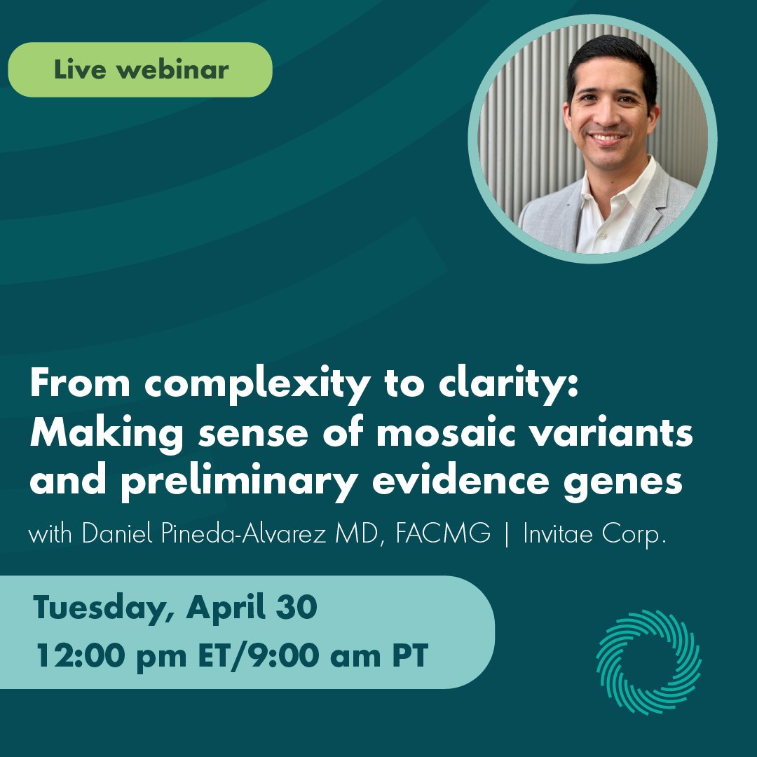 Unraveling the complexities of mosaicism and preliminary evidence genes in genetic testing. Join us for a live webinar presented on April 30 at 12 pm ET/ 9 am PT and earn CEUs by attending. Register now: invit.ae/3JeDVd3
