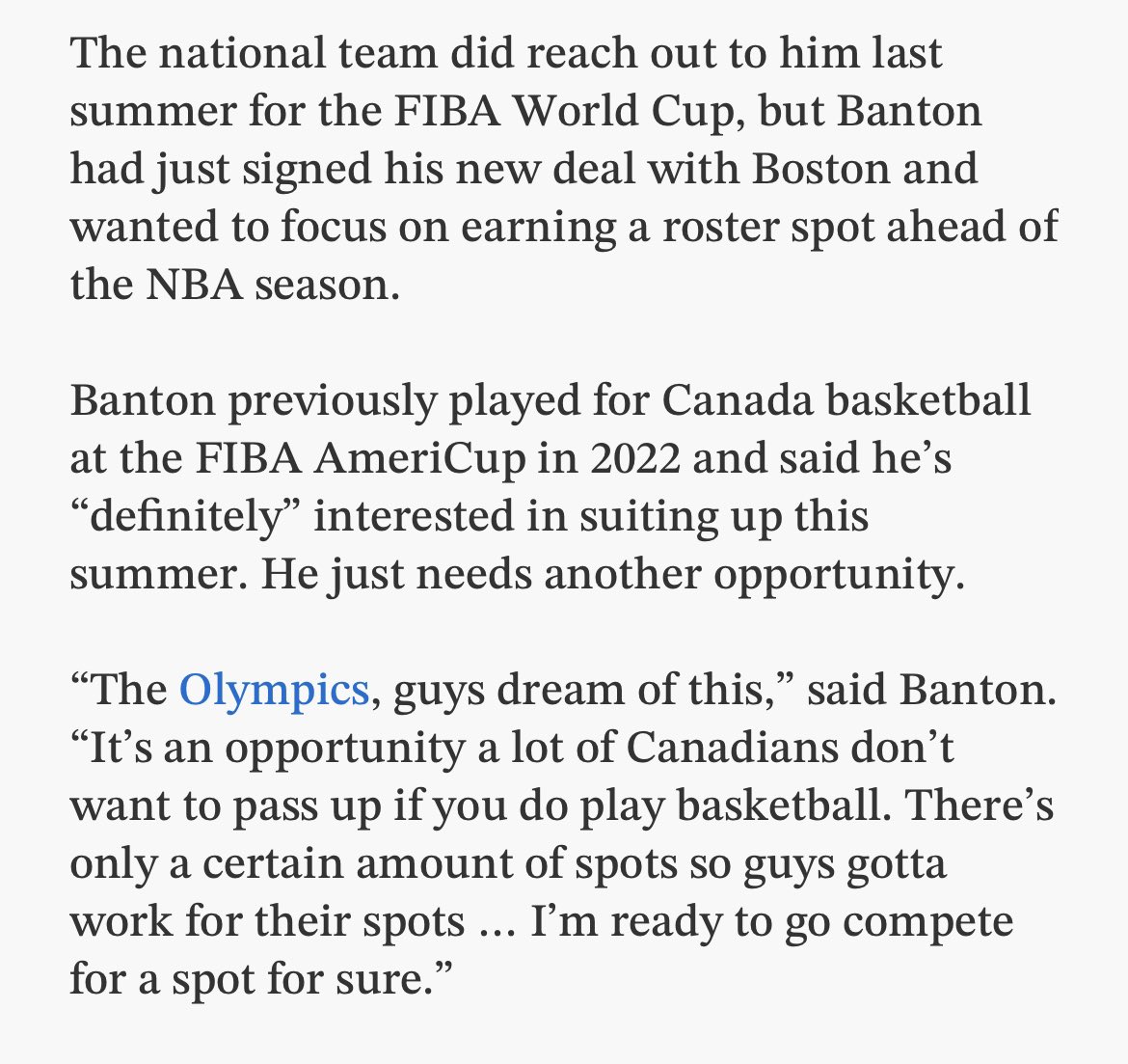 Dalano Banton received an invite to training camp last summer for Canada basketball but just signed a new contract with Boston. Told me he’s very interested in competing for a roster spot this summer to play at the Olympics in Paris 👀 Full story: thestar.com/sports/raptors…