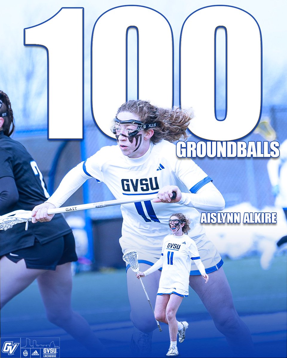 GVSUWLAX's tweet photo. With her first groundball of the day, Aislynn Alkire has reached 100 for her career!

#AnchorUp #beELITE https://t.co/hIuIOAYFwj