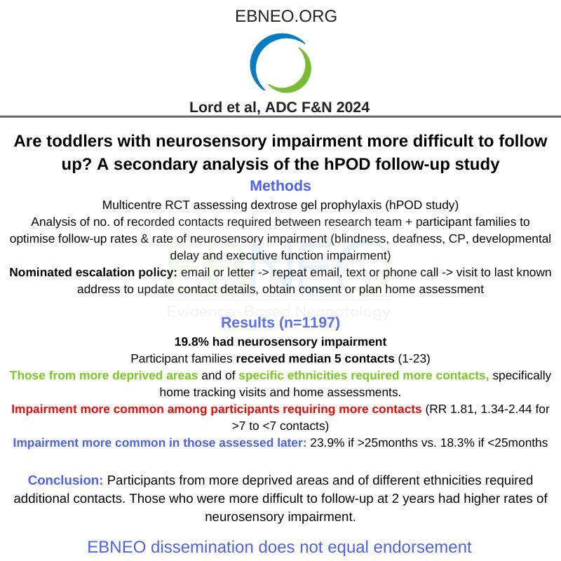 Techniques to consider when trying to optimise neurodevelopment follow-up rates to not potentially bias against families living with neurosensory impairment, deprivation or different ethnicities by Lord et al @ADC_BMJ buff.ly/43ZuibC #neotwitter #neoEBM #EBNEOalerts