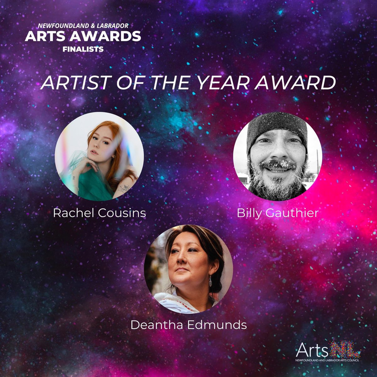 I am so honoured to be named a finalist for Artist of the Year. Thanks to @NLArtsCouncil for the consideration. Great company to be listed with.