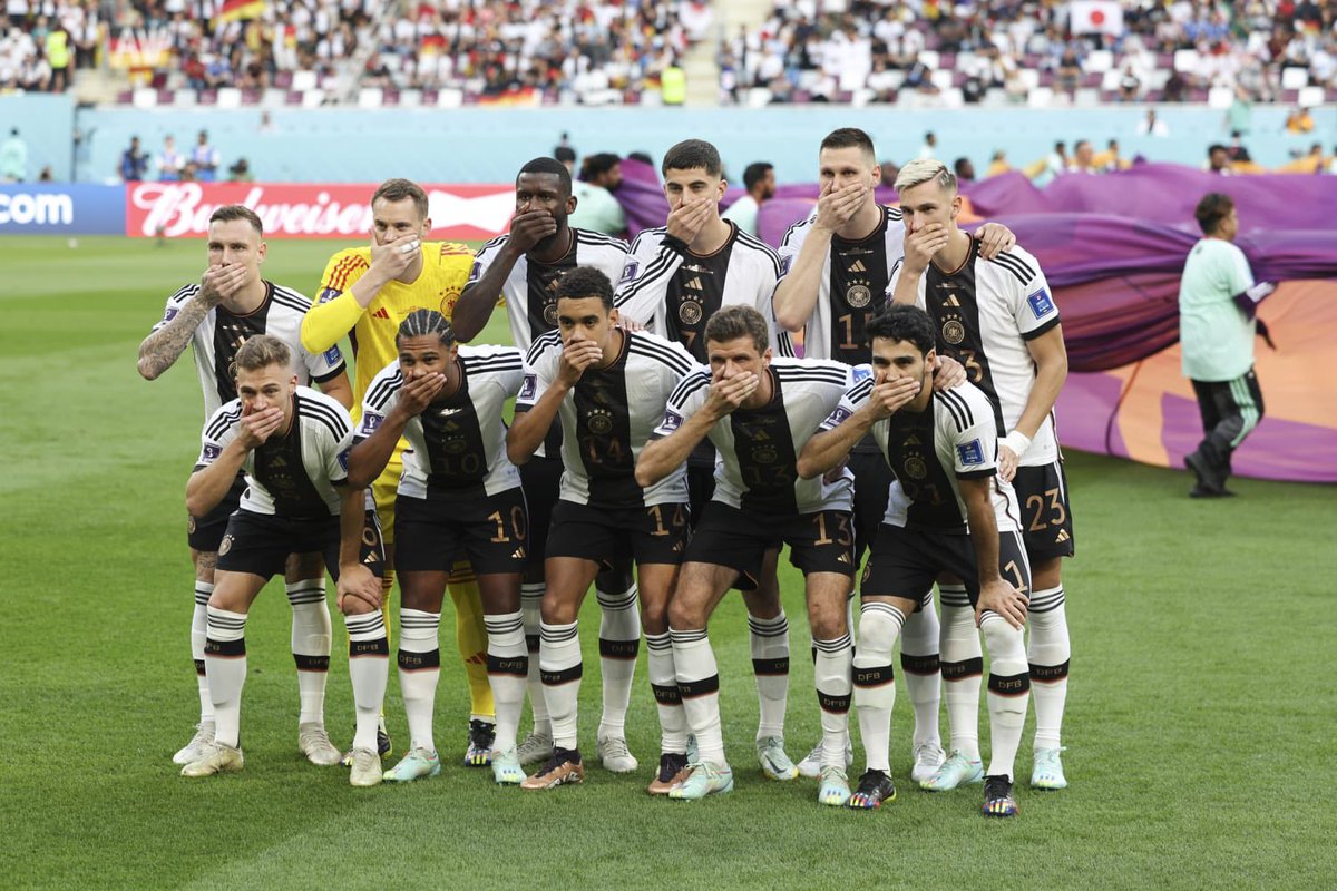 In Qatar Word Cup, the German team posed while covering their mouths in protest, because: ‘Human rights are non-negotiable’. Let’s see what the brave German team would do to protest their government for human rights, free speech, and GENOCIDE! 
@DFB_Team @DFB_Team_EN