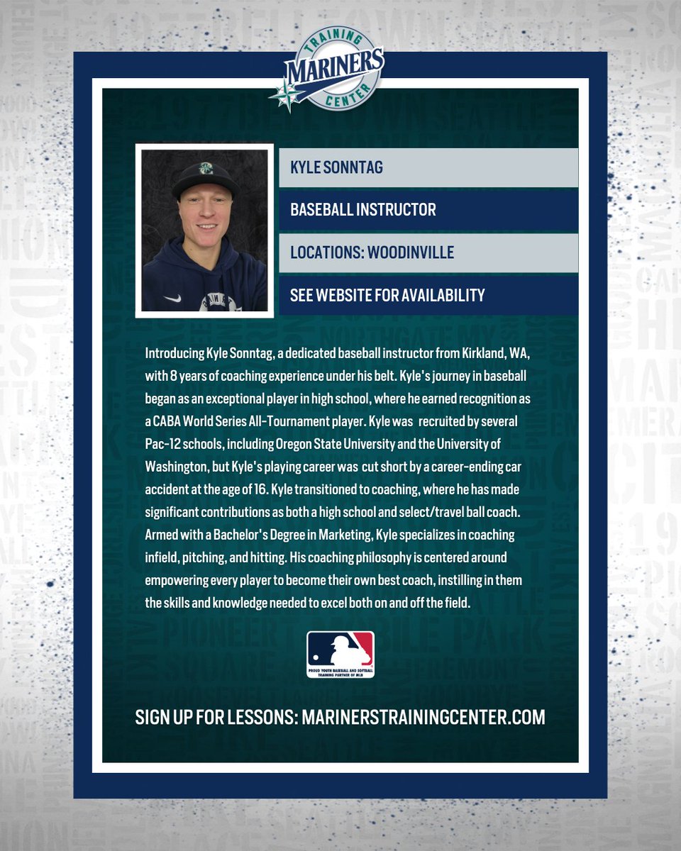 Baseball Instructor Spotlight! 🌟 Kyle Sonntag | 📍 MTC Woodinville Specializing in infield, pitching, and hitting Book a lesson with him today! 👉 marinerstrainingcenter.com/lessons/