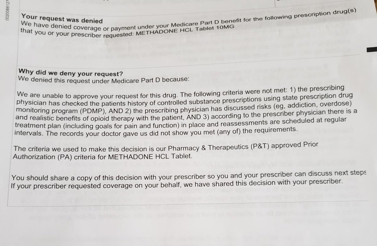 After being on methadone to treat pain for 19 YEARS, these mfers are denying me coverage. Because of stupid BS that has nothing to do with my pain. Addiction/overdose? I'm taking as prescribed = perfectly safe. All these requirements have been met. WTF?!