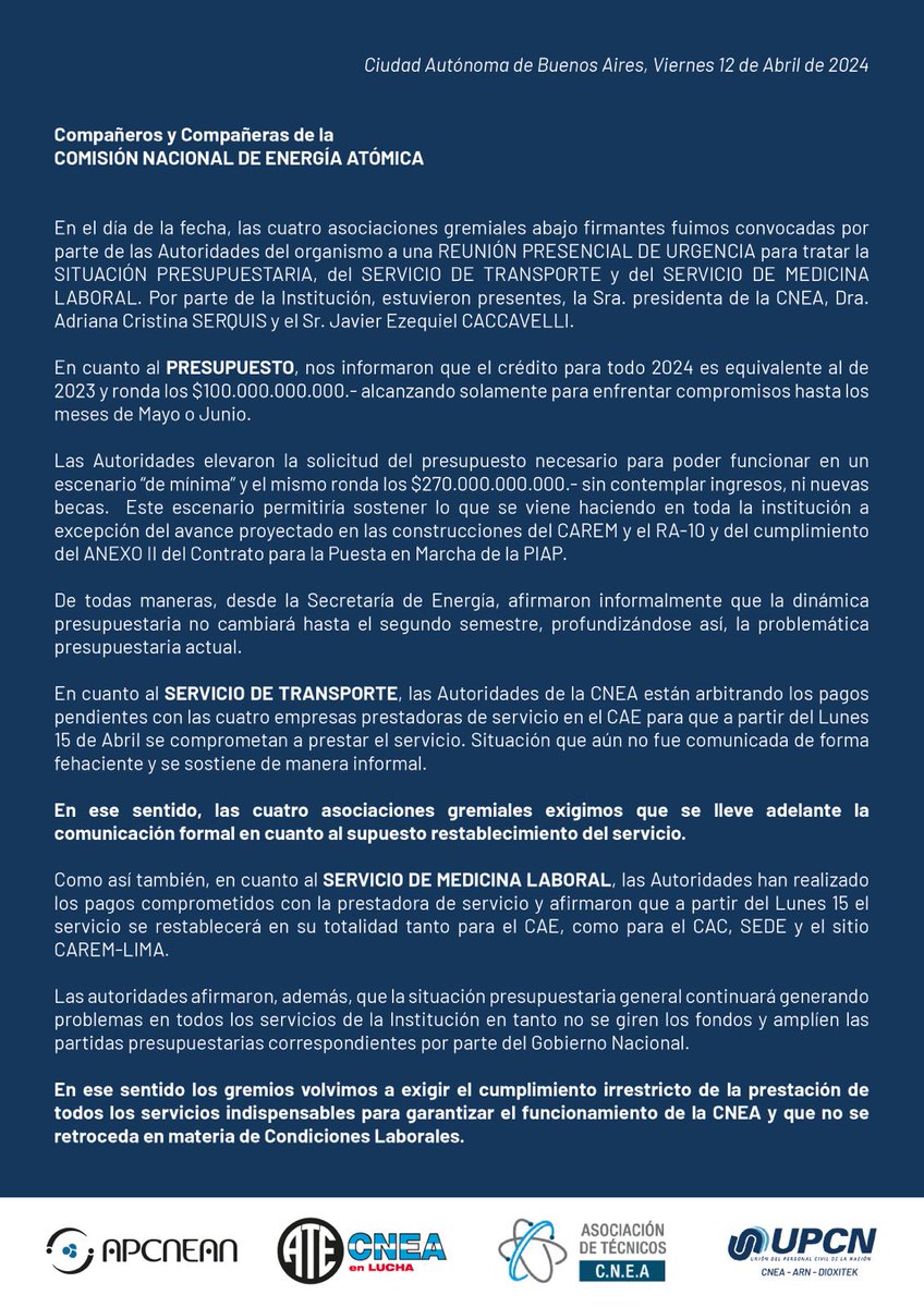Comunicado intergremial ante la situación contractual.