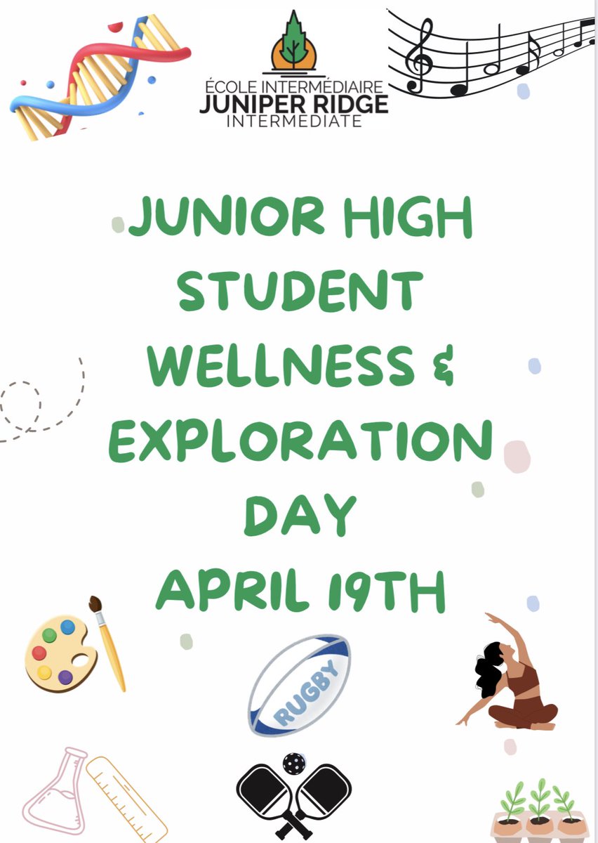 Looking forward to our 2nd Junior High Student Wellness &amp; Exploration Day <a href="/JuniperRidgeNL/">Juniper Ridge Int</a> Friday, April 19th! Students &amp; families be sure to check out the long list of unique workshops/learning opportunities available that day!  (Posted on our school website &amp; Google Classrooms