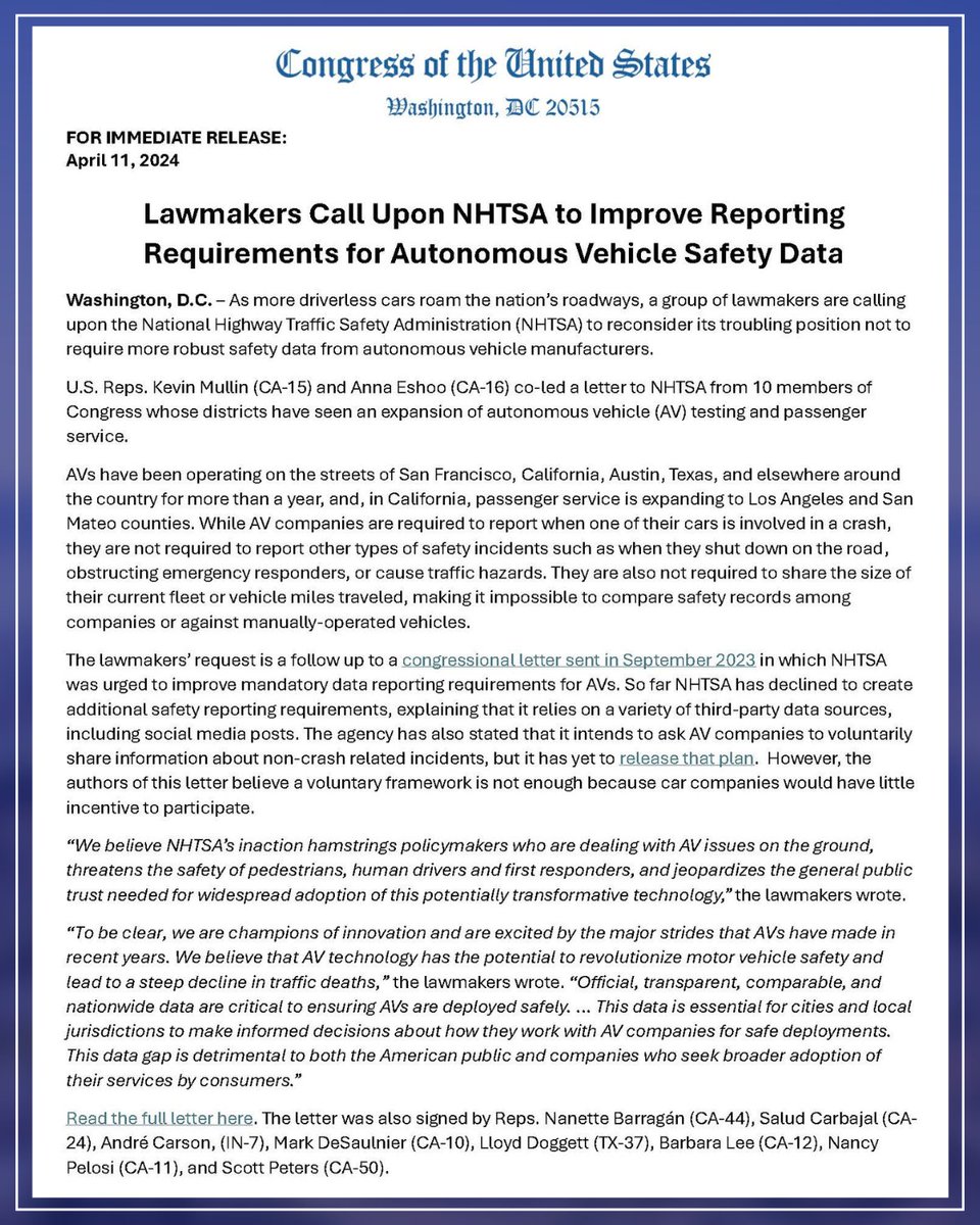 As more driverless cars roam our roadways, we need federal regulators to require more robust safety data from manufactures of #AutonomousVehicles. Better data would help the public & companies seeking to expand consumer services. kevinmullin.house.gov/media/press-re…