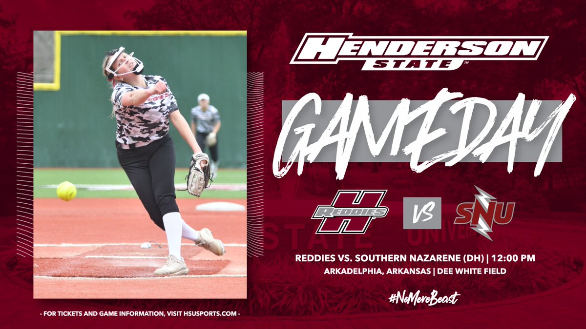 It's 𝙂𝘼𝙈𝙀 𝘿𝘼𝙔 again in Arkadelphia as the Reddies face Southern Nazarene in a Saturday doubleheader! 🥎 🆚 Southern Nazarene (DH) ⏰ 12:00 PM 🏟 Arkadelphia, AR | Dee White Field 📊 hsusports.com/livestats 📺 hsusports.com/youtube #NoMereBeast
