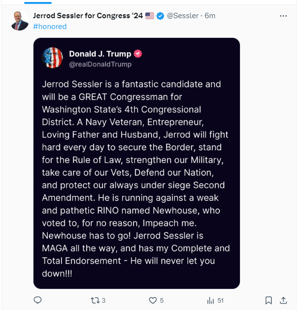 Trump has endorsed Jerrod Sessler, the far-right MAGA challenger to WA-04's @RepNewhouse - who narrowly survived his Trump impeachment vote in 2022. #waelex