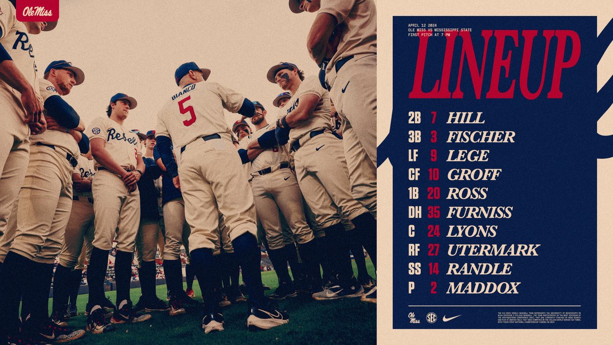 Lineup for game one vs Mississippi State #HottyToddy #PackSwayze