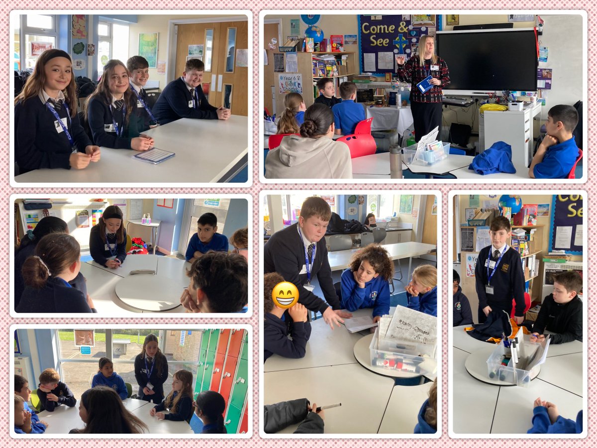 It was great to welcome 4 former pupils back to #STJYear6 today along with Mrs. Brewer from @StanwellSchool for a wonderful session together learning more about the transition to Year 7. We are extremely grateful for all of the advice and encouragement they brought. #Transitions