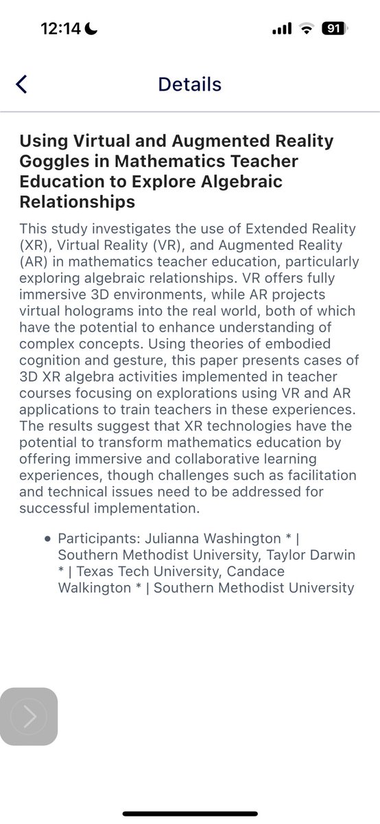 Come see me present my research titled: Using Virtual and Augmented Reality Goggles in Mathematics Teacher Education to Explore Algebraic Relationships, tomorrow morning, Saturday, April 13th at 7:45am!