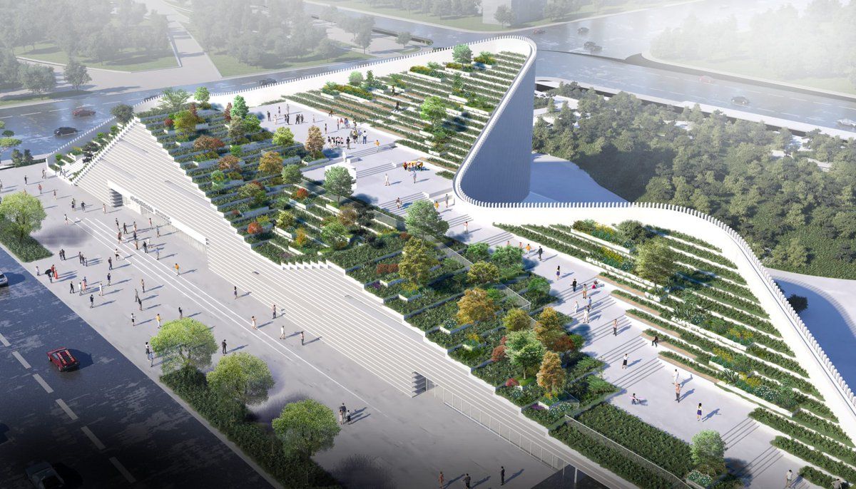 TheB1M's tweet photo. This sweeping museum is set to be constructed in Xi'an. Designed by Stefano Boeri, the building’s form is inspired by the mountains and rivers that surround the city. 

The structure will feature stepped gardens over its roof acting as a continuation of the neighbouring parkland. https://t.co/0T44KcisJK