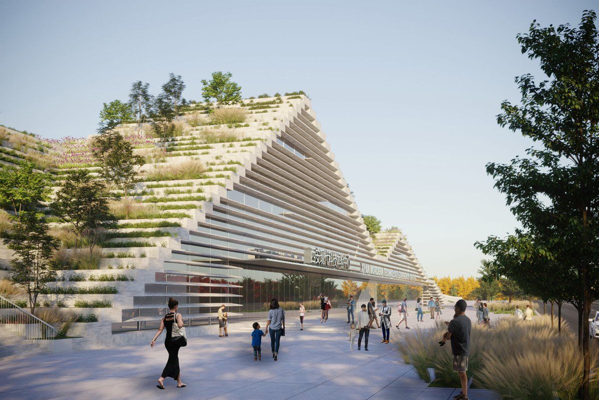 TheB1M's tweet photo. This sweeping museum is set to be constructed in Xi'an. Designed by Stefano Boeri, the building’s form is inspired by the mountains and rivers that surround the city. 

The structure will feature stepped gardens over its roof acting as a continuation of the neighbouring parkland. https://t.co/0T44KcisJK