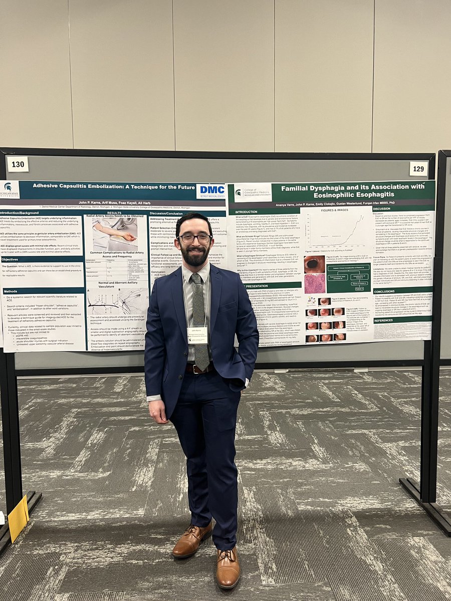 Thankful to @DMC_Radiology and @ArifMusaMD for the opportunity to present our research related to adhesive capsulitis embolization. Also thank you @AnanyaVarre for presenting our research related to Eosinophilic Esophagitis Had a great time at @MSU_Osteopathic Research Day!