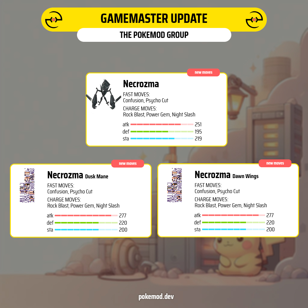 Necrozma and its 2 forms received their moves in the GameMaster. 

It's also possible to see now that you'll be able to change its form to Dusk Mane and Dawn Wings for 50 candies + 1000 items called FUSION_RESOURCE_DAWNWINGS_NECROZMA (or DUSKMANE_NECROZMA)

#Datamine #PokemonGO