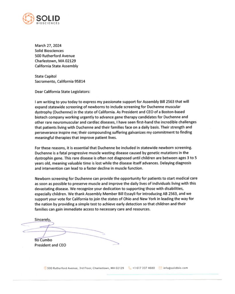 I am thrilled to see @Solid_Bio, a DMD gene-therapy focused biotech, write a letter of support for making DMD Newborn Screening mandatory in California. This is especially encouraging to me as Solid was the first-ever biotech that I was a consultant for. They have helped me so…