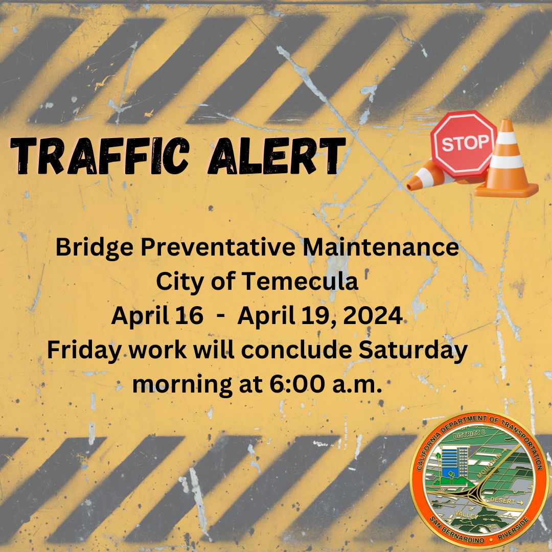 RIVCO: 🚧 Next week, from 8:00 pm to 6:00 am, crews will be performing maintenance on the Winchester Rd Overcrossing Bridge over the I-15. Please anticipate intermittent closures. See alert for more details ➡️ conta.cc/3UeJEFY