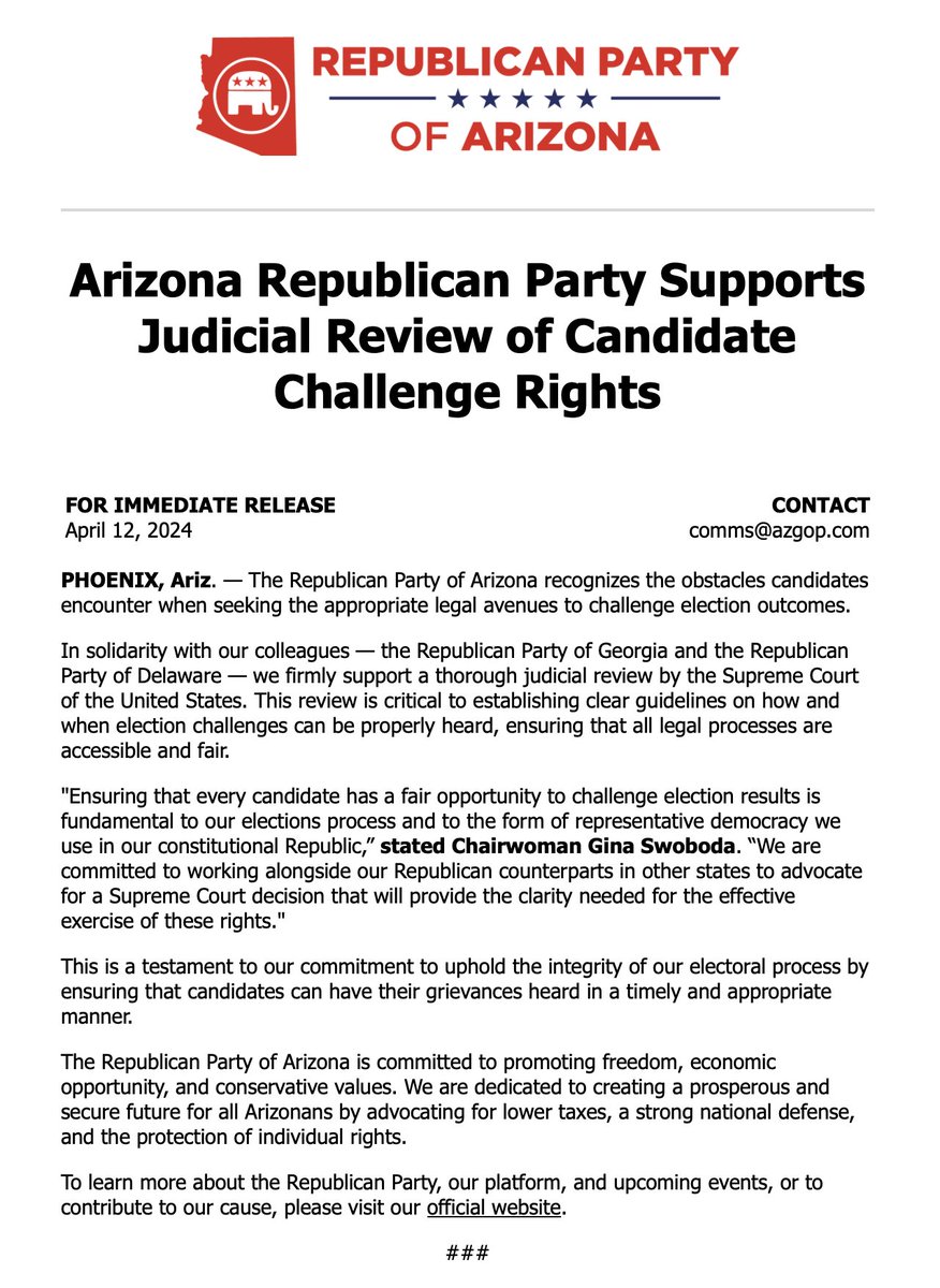 🚨BREAKING: The @AZGOP stands with @GaRepublicans & @DelawareGOP. We call on SCOTUS to review election challenge procedures. Clear, fair rules are essential to our election processes and to our constitutional Republic.