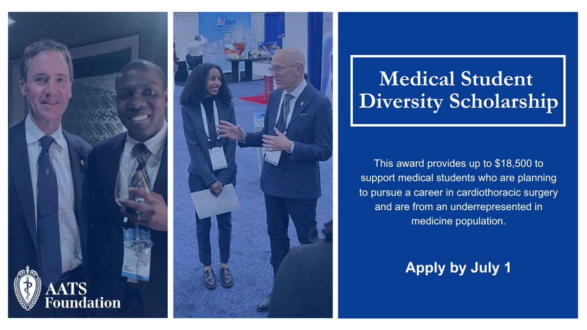 #MedStudents: The Medical Student Diversity Scholarship is officially accepting applications. Share your story demonstrating the need for financial support, how this funding will support career goals and your interest in #cardiothoracic surgery by 7/1: aats.org/foundation/med…