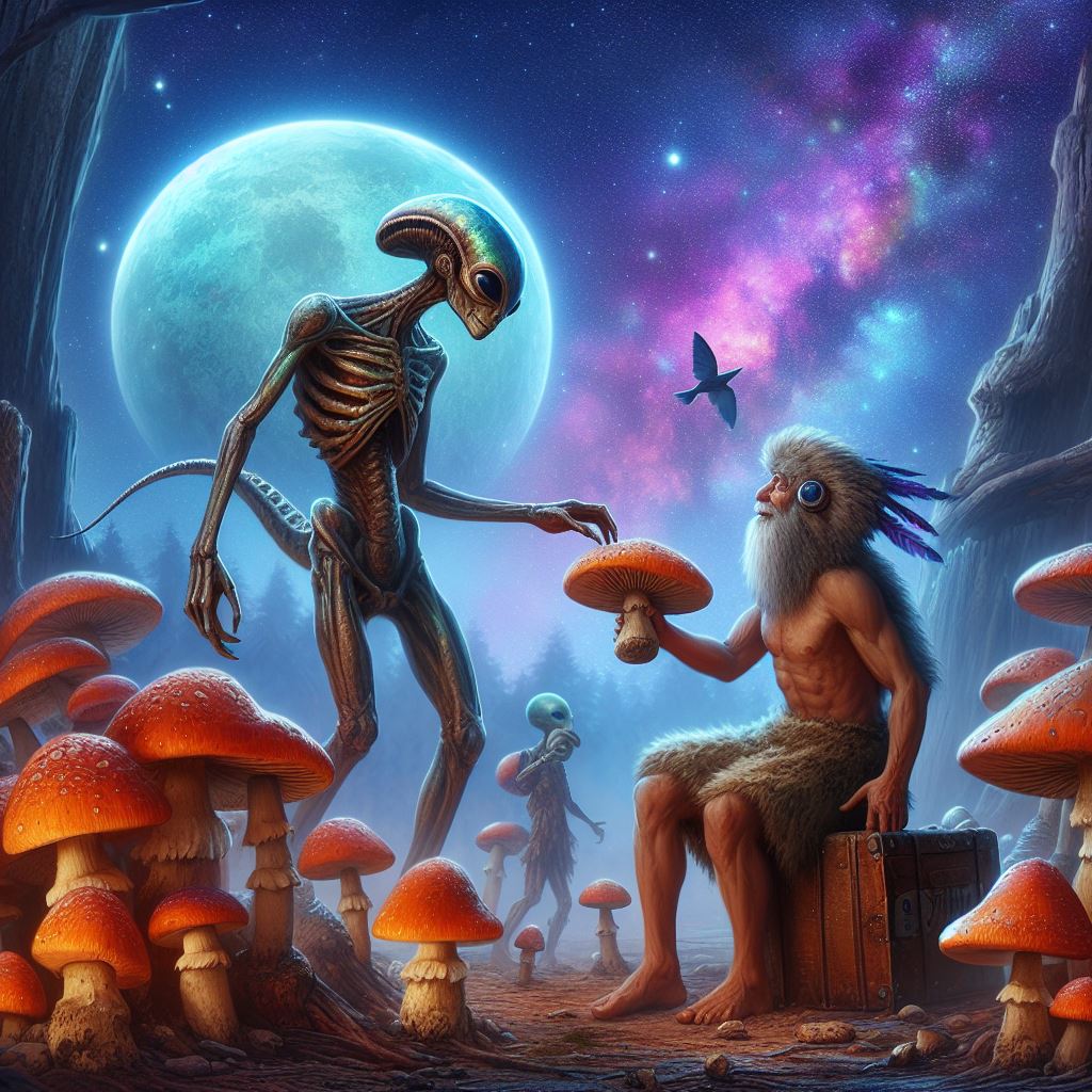 My favorite conspiracy theory is that Aliens gave humans psychedelics in order to help us develop spiritually and intellectually 🐒 + 🍄 = 👨‍🚀