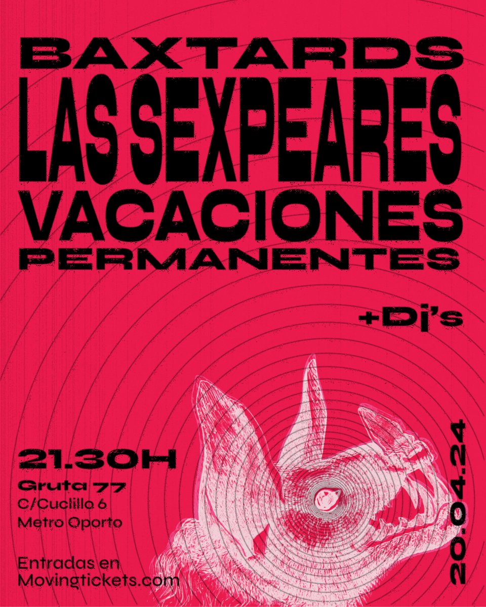 17-04: @bassdrumofdeath 18-04: #Follazöid + #Dunkelwald 19-04: @STARMAFIABOY + @aulladores 20-04: #LasSexpeares + #Baxtards + #VacacionesPermanentes + info.: gruta77.com