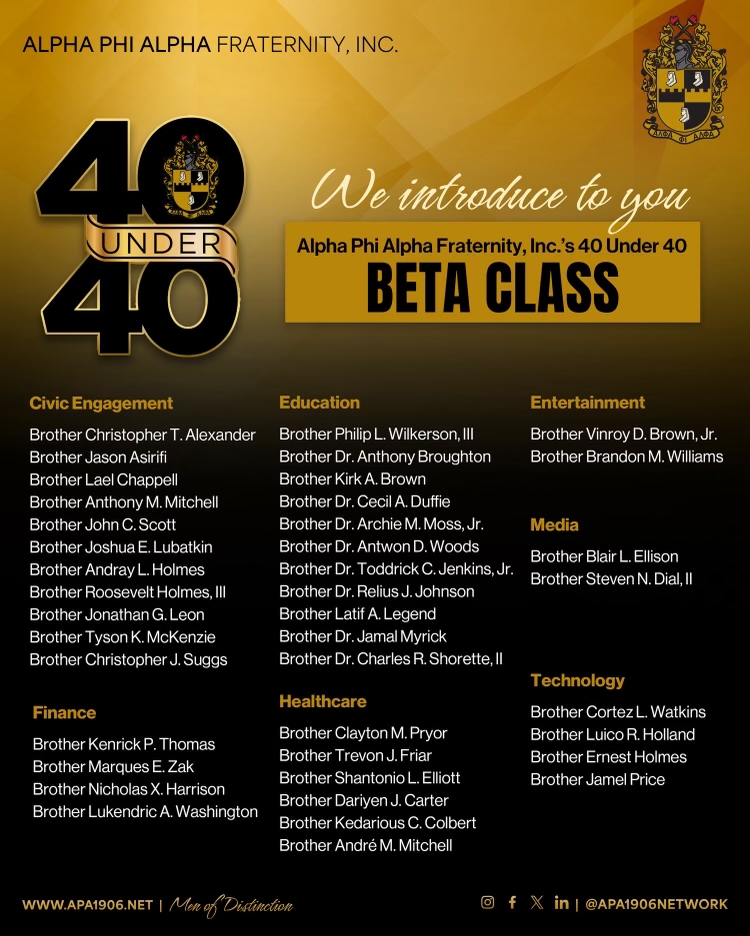 Alpha Phi Alpha Fraternity, Inc. would like to official introduce our Beta class of “40 Under 40” highlighting influentials Brothers in the areas of Civic Engagement, Education, Entertainment, Media, Finance, Healthcare, and Technology!