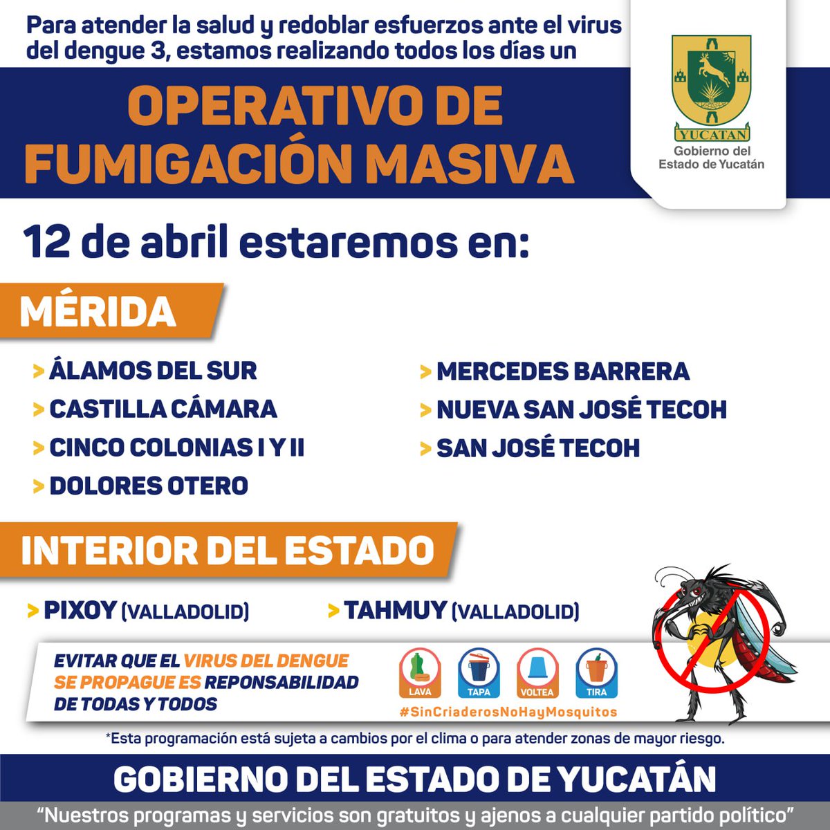 Como parte de las acciones permanentes de combate al #mosco, esta tarde el operativo de #fumigación se realiza en los siguientes puntos de #Mérida y el interior del estado. 🦟
