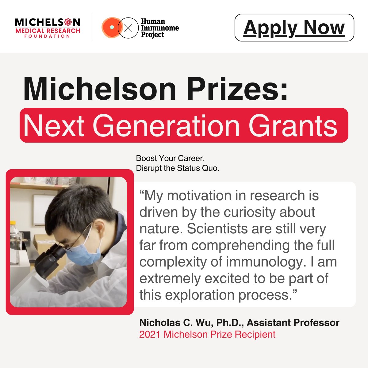 Dr. Nicholas C. Wu used his 2021 #MichelsonPrizes: Next Generation Grant to study vaccine and therapeutic design for the flu using high-throughput biology. Are you our next immunology innovator? Apply now: michelsonprizes.smapply.org