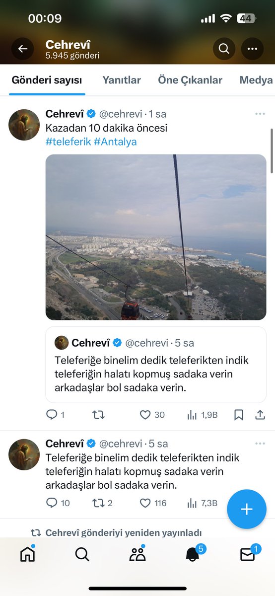 Antalyada #Teleferik 'te olan bi kişinin attığı twet! Olay olduğunda orada olduğunu ve teleferiğe binerken bir kaç kez durdurup adamlardan birisi bundan anormal bir ses geliyor normal değil dedi ona rağmen bisey yapılmadan yoğun bi şekilde yolcu almaya devam ettiler demiş!…