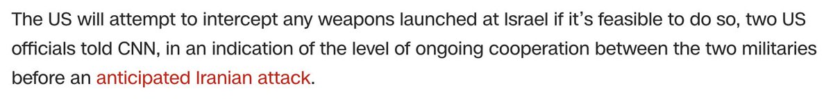 The US will attempt to intercept any weapons launched at Israel if it’s feasible to do so, two US officials told CNN edition.cnn.com/middleeast/liv…