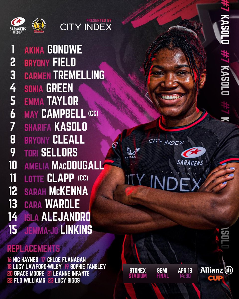 With so many players away on Six Nations duty it’s good to see @SaracensWomen still able to pick a very competitive squad with a strong blend of youth and experience for their #AllianzCup semi-final. Please come to StoneX to cheer them on against tough opponents Exeter.…